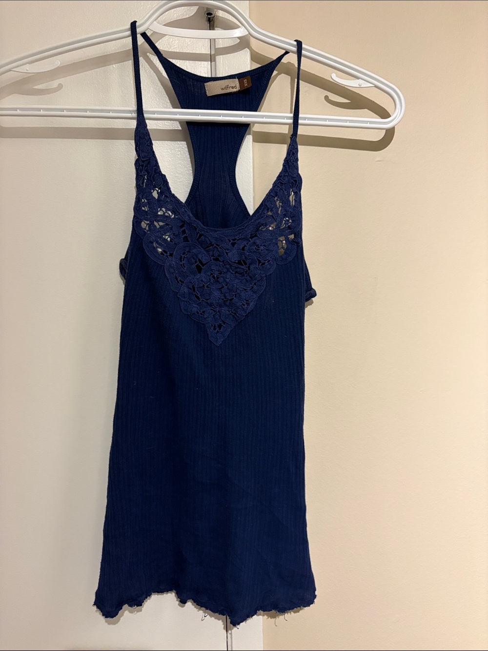 Aritzia Wilfred Navy Ribbed Lace-Front Racerback Tank